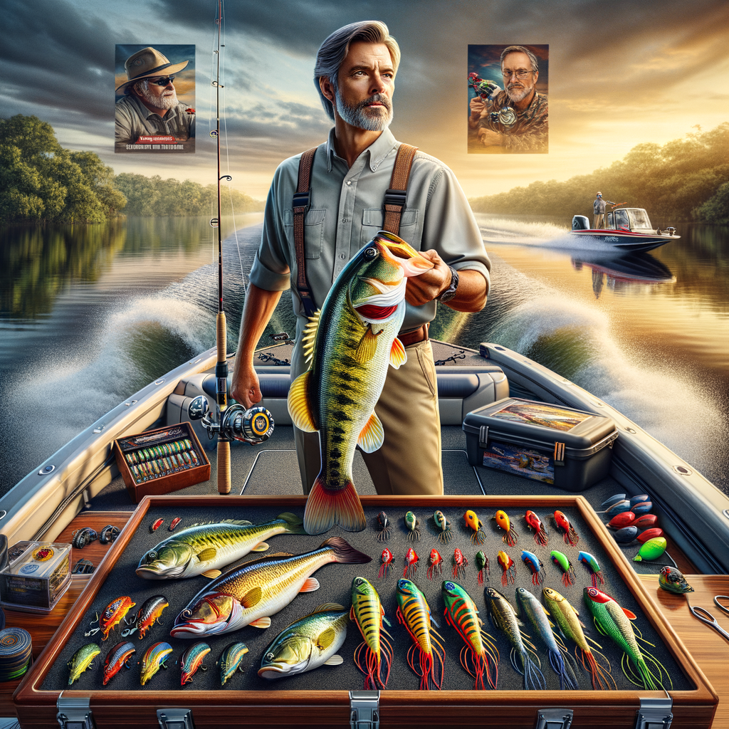 Expert angler demonstrating advanced bass fishing techniques and tips on a well-equipped bass fishing boat, with a variety of bass fishing lures, a guide book, and tournament posters, at a top bass fishing location during peak season.