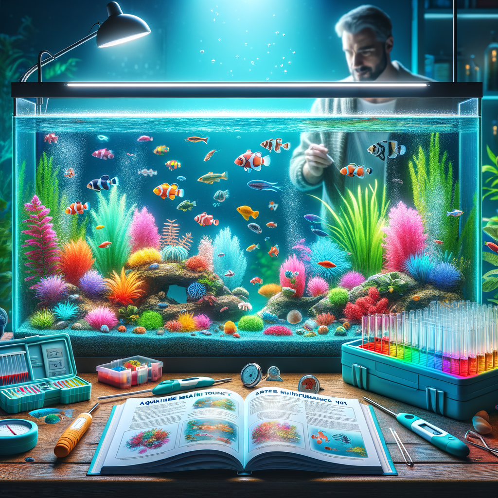 Person maintaining aquarium water quality using best practices, testing water parameters, and changing water in a vibrant fish tank, with a guidebook and toolkit for aquarium maintenance and water care.