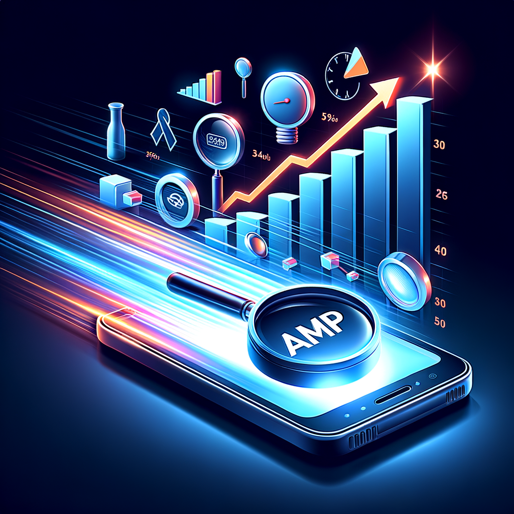Professional illustration of AMP SEO benefits, showcasing a fast-moving mobile device with Accelerated Mobile Pages for SEO success, leaving a trail of SEO icons, symbolizing improved SEO performance and success with AMP.
