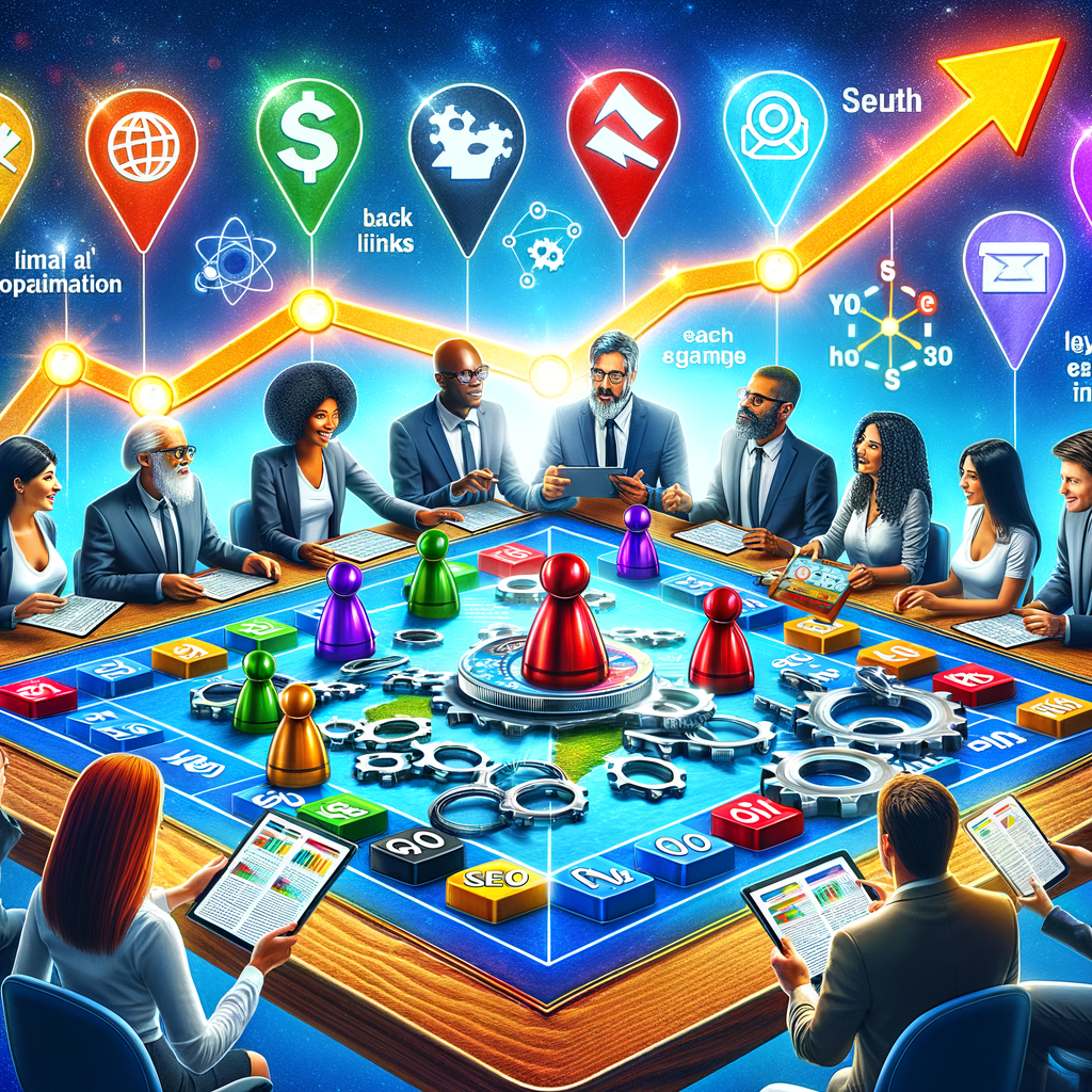 Engaged users interacting with a digital game board featuring SEO elements like keywords, backlinks, and meta tags, symbolizing the SEO benefits and increased engagement achieved through gamification strategies in content.