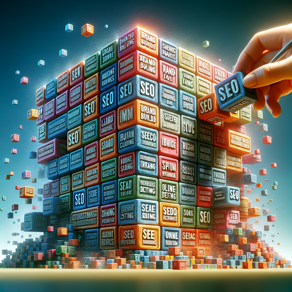 Building a strong online identity through SEO branding and brand building, symbolized by a towering structure constructed from blocks labeled 'Brand Building', 'SEO', 'Online Identity', and 'SEO Branding'.