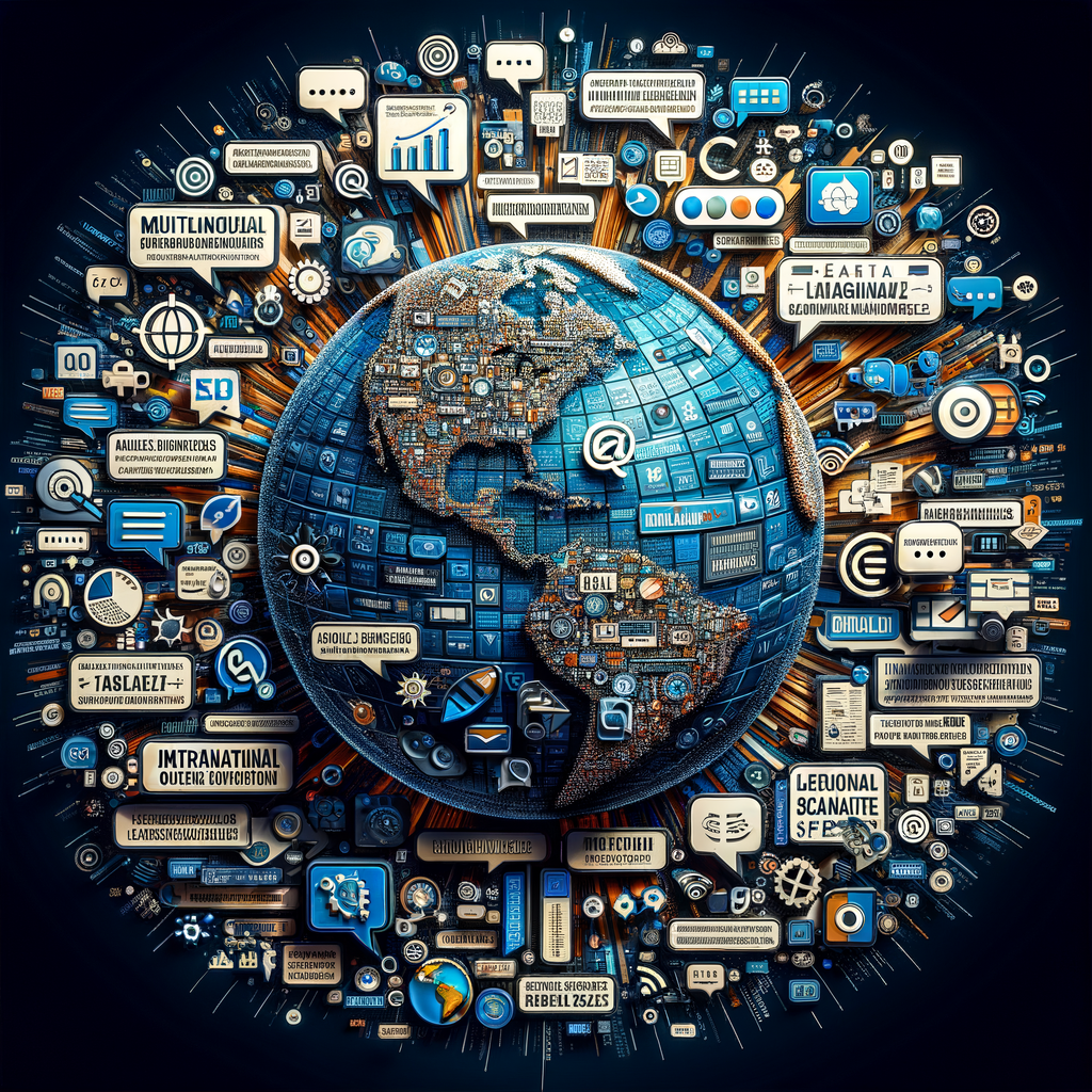 Multilingual SEO strategies and global SEO optimization techniques visualized through a globe surrounded by language bubbles and SEO keywords, illustrating the expansion of global reach and engagement of international audiences.