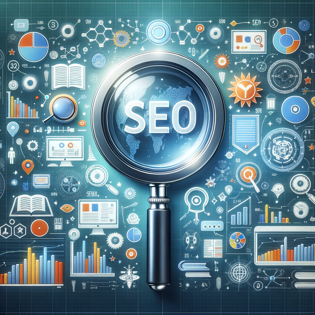 Magnifying glass highlighting educational content on a digital screen with SEO strategies, symbols, and graphs for maximizing visibility in SEO for educational websites.
