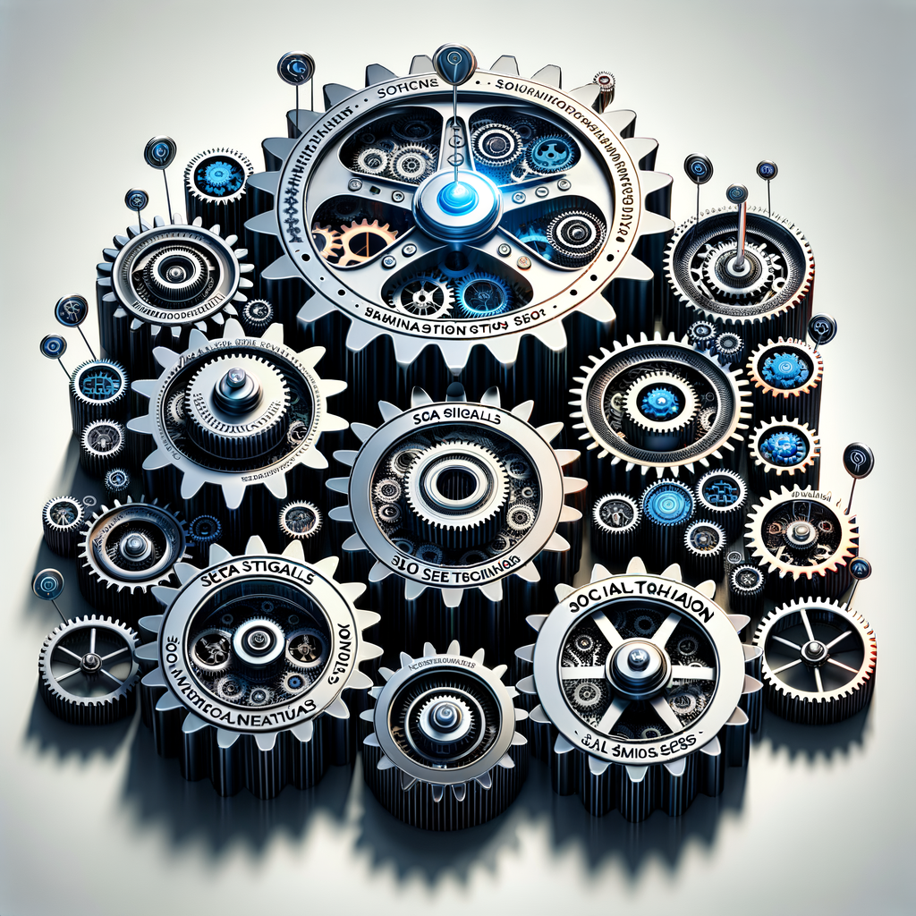 SEO strategy enhancement through the integration of social signals, SEO techniques, and social media SEO into a large gear mechanism, illustrating the improvement of SEO with social signals.