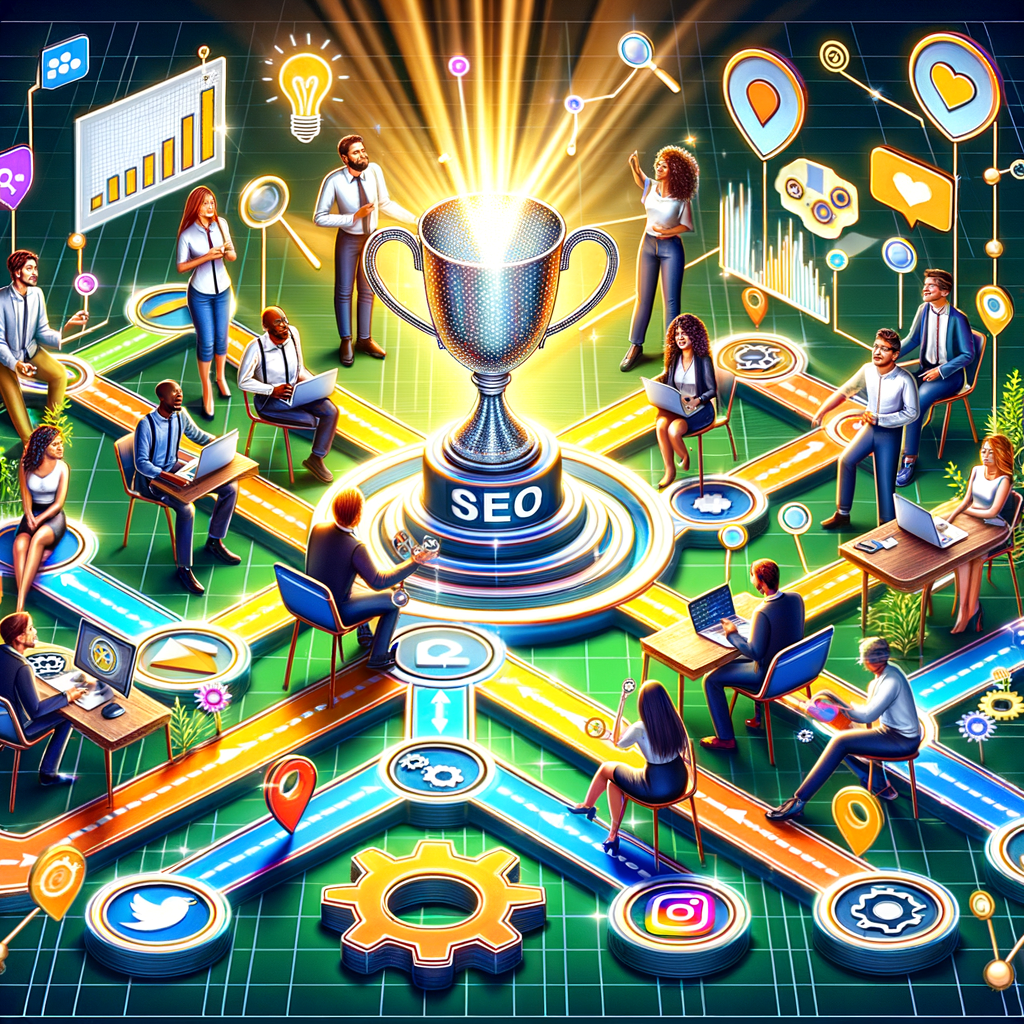 Diverse influencers collaborating on SEO strategies, using successful SEO tactics and influencer marketing techniques to achieve SEO success, symbolized by a shining trophy on a large SEO strategy map.