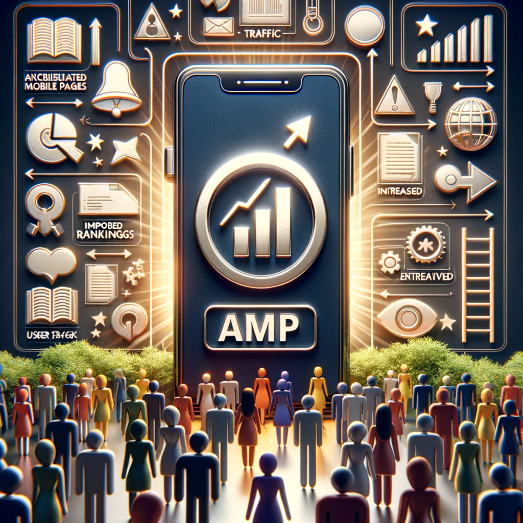 Smartphone displaying Accelerated Mobile Pages symbol, indicating AMP for SEO success, improved rankings, increased traffic, and user engagement, with background graphics highlighting mobile SEO strategies, AMP benefits, and the impact of implementing AMP on SEO optimization and mobile page speed.