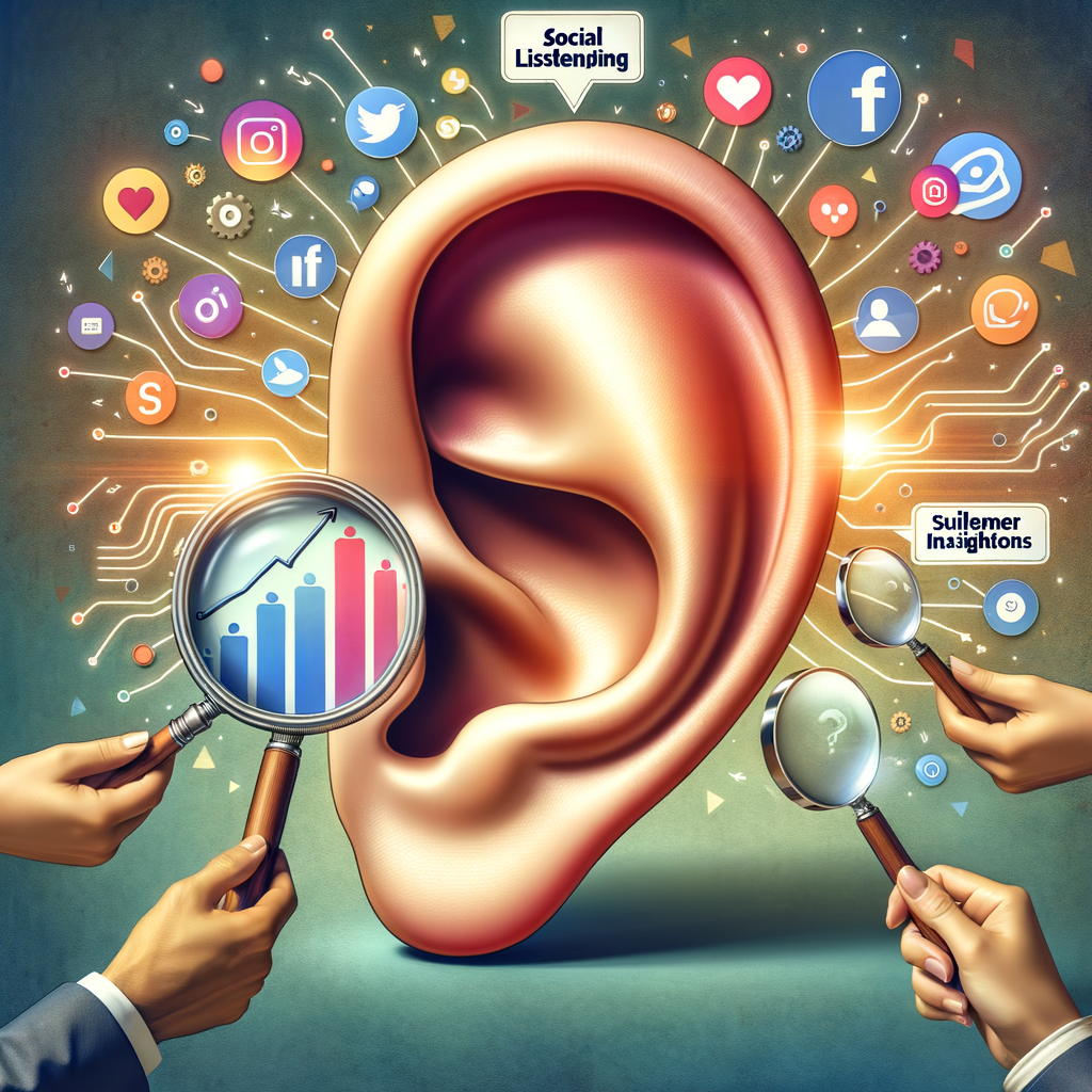Conceptual image illustrating the impact of Social Listening in SEO, showcasing the absorption of diverse customer feedback from social media, and the examination of SEO Customer Insights for improving SEO performance.