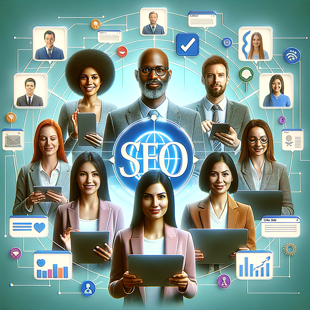 Diverse professionals engaging in a virtual event with SEO elements like graphs and keywords, demonstrating SEO strategies for virtual events and optimization for online experiences visibility.