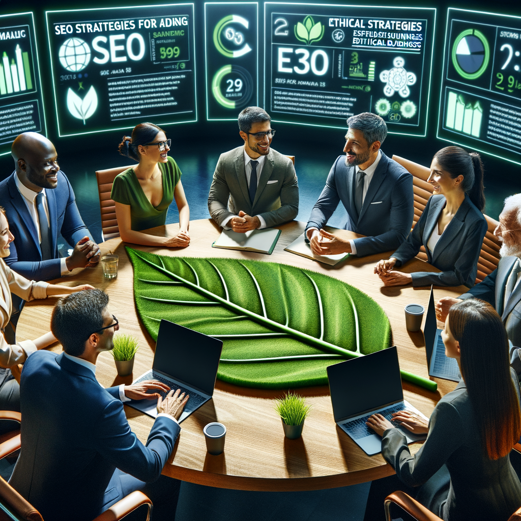 Diverse professionals discussing ethical SEO practices and sustainable business SEO strategies around a leaf-shaped table, with digital screens showcasing the impact of SEO in ethical business practices.