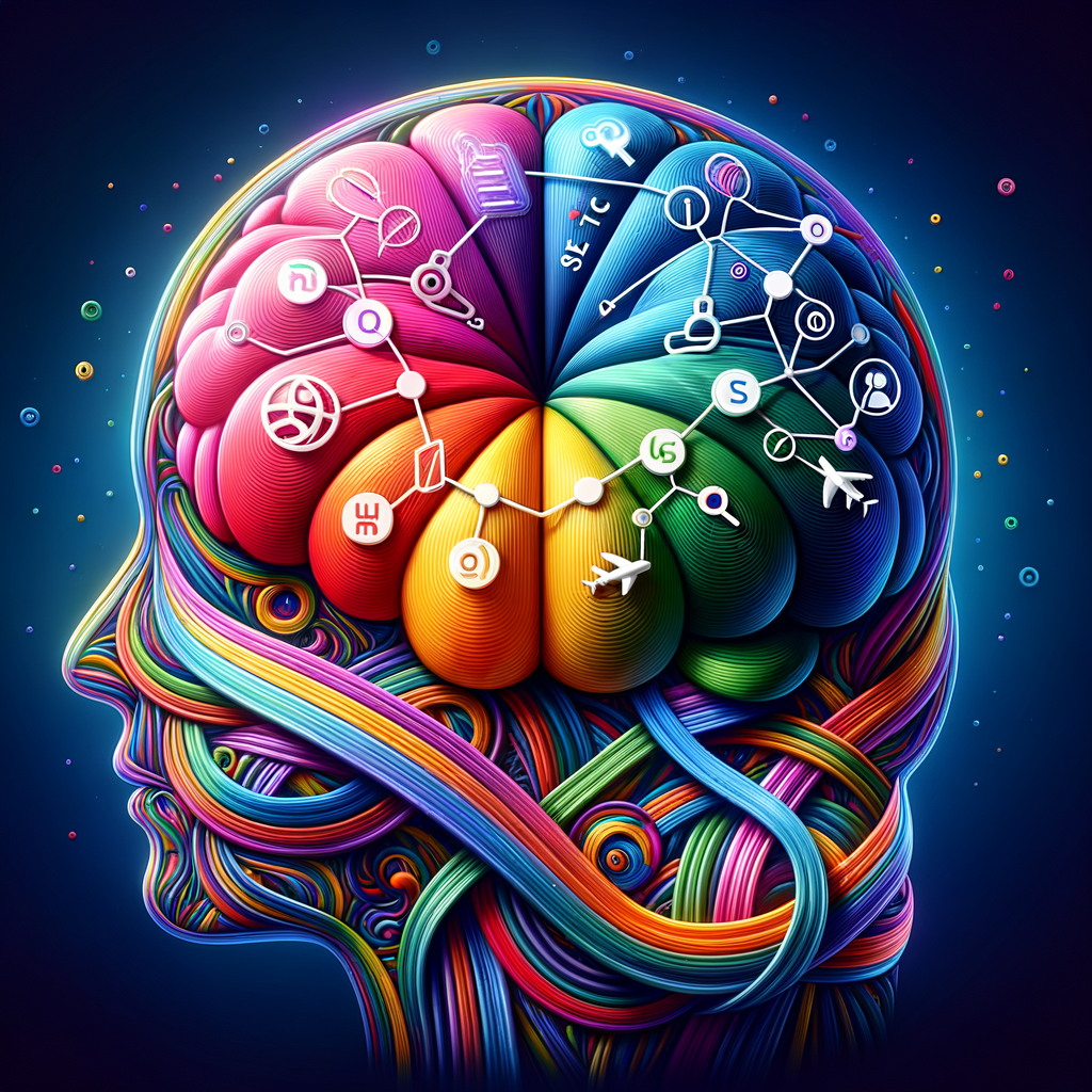Colorful illustration of a brain highlighting the psychological impact of colors on user perception in SEO, demonstrating the effects of color psychology in marketing and its influence on user behavior and overall user experience