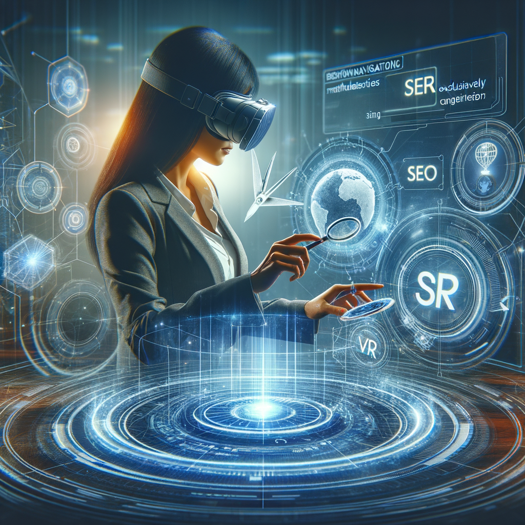 Digital marketer using advanced SEO strategies for VR platforms on a futuristic holographic interface, showcasing the impact of VR on SEO and SEO navigation techniques in virtual reality environments.