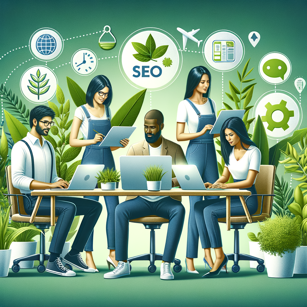 Digital marketing team implementing eco-friendly SEO and sustainable SEO strategies for a green online presence, showcasing environmentally friendly SEO and sustainable digital marketing techniques.