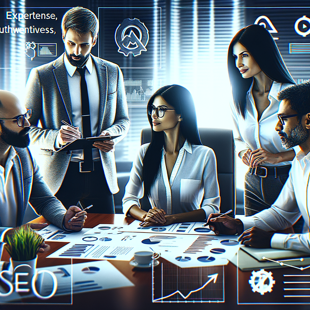 SEO experts brainstorming strategies and discussing E-A-T SEO guidelines to improve SEO expertise, trustworthiness, and authoritativeness, embodying best practices for building trust in SEO.