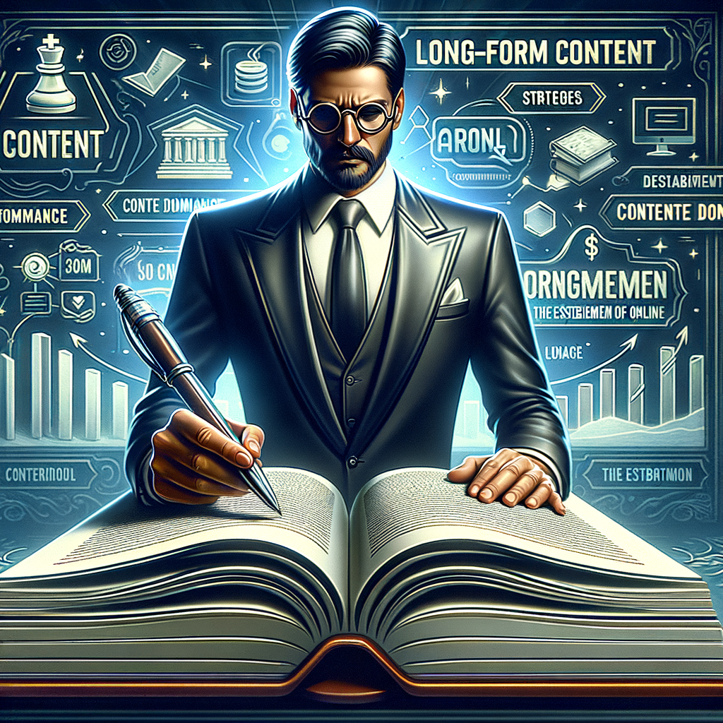 Authoritative figure drafting comprehensive articles on a large book titled 'Long-Form Content', symbolizing content dominance, SEO strategies, and building online authority for long-form article creation.