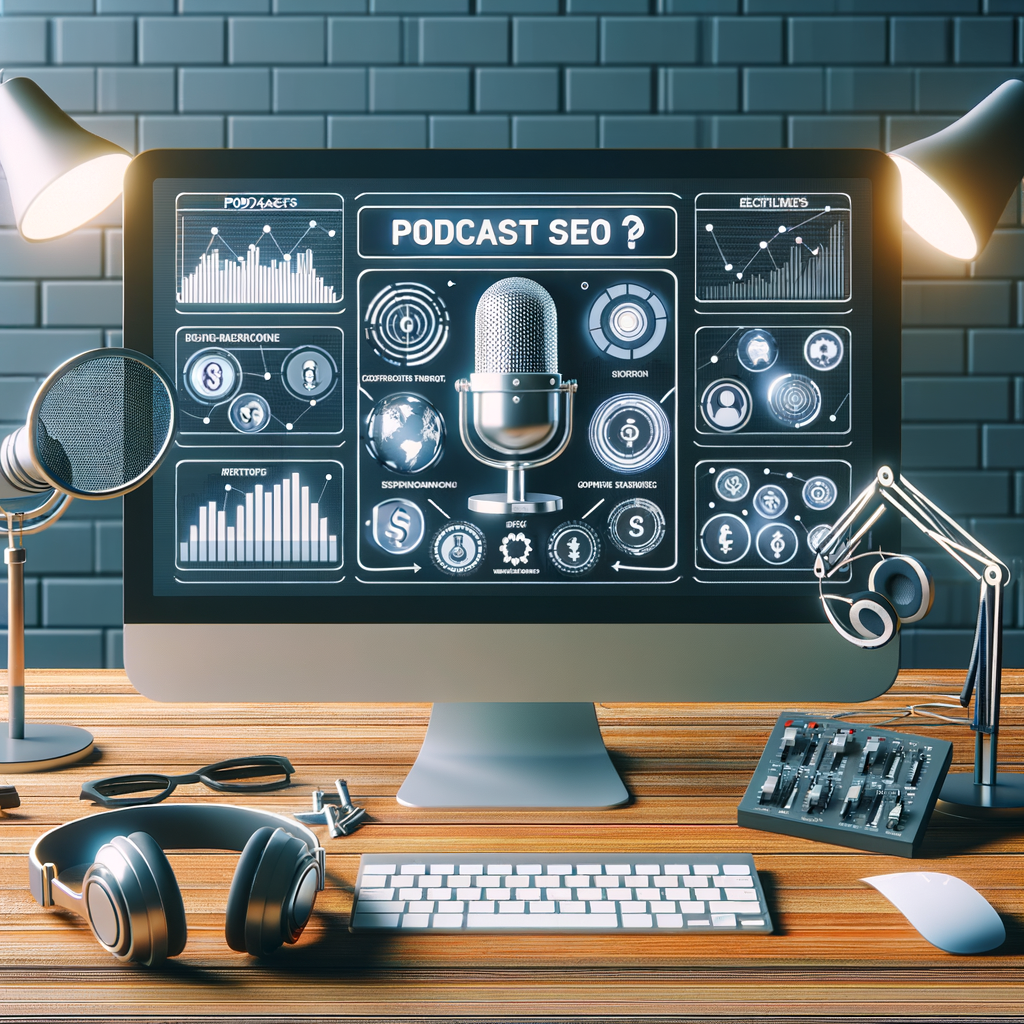 Modern workspace with podcast SEO strategies displayed on a computer screen, headphones, and microphone, symbolizing the process of harnessing audio content for SEO and improving search engine success with podcasts.