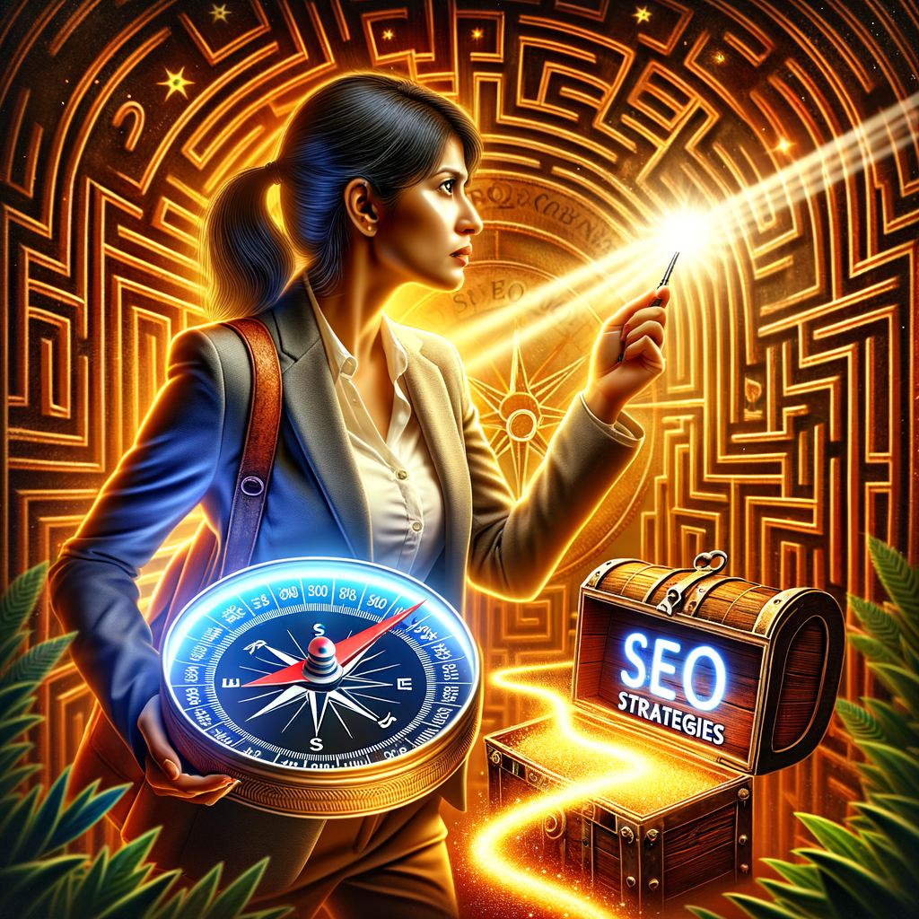 Digital marketer using SEO strategies to navigate zero-click searches maze towards the treasure of direct answers in SEO, symbolizing the goal of optimizing for improved SEO results.