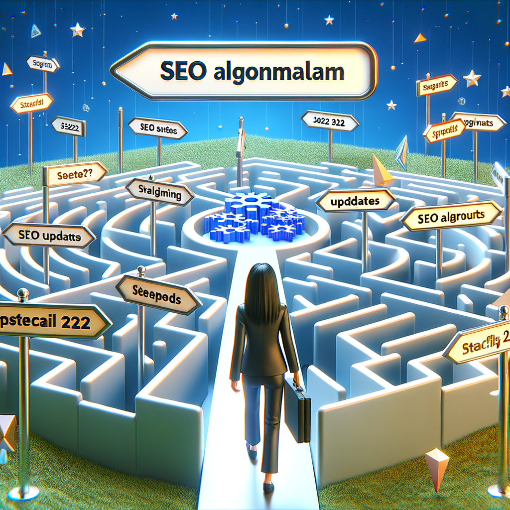 SEO expert strategically navigating 3D maze of SEO algorithm updates, mastering and adapting to SEO trends and updates for 2022, symbolizing staying ahead in SEO.