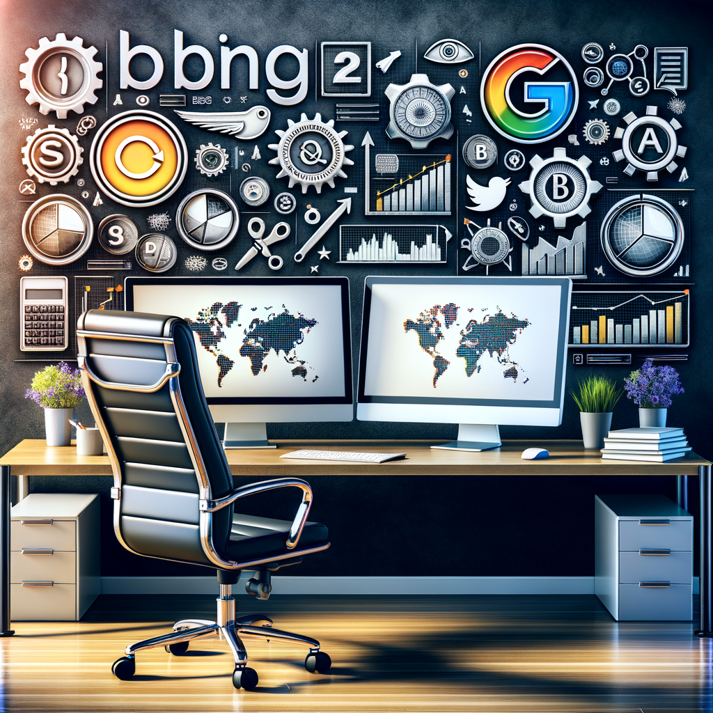 Digital workspace with SEO strategies for optimizing Bing, Yahoo, DuckDuckGo, Baidu, and Yandex, showcasing alternative search engine logos and optimization techniques for non-Google search engines.