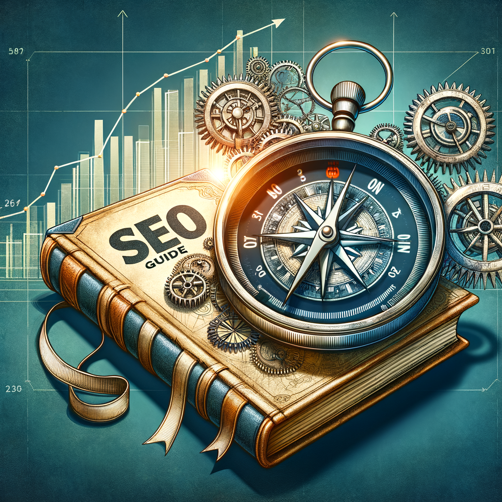 Digital illustration of a navigational compass, SEO guide book, and line graph depicting SEO trends, symbolizing strategies for staying ahead in SEO and navigating SEO algorithm updates.