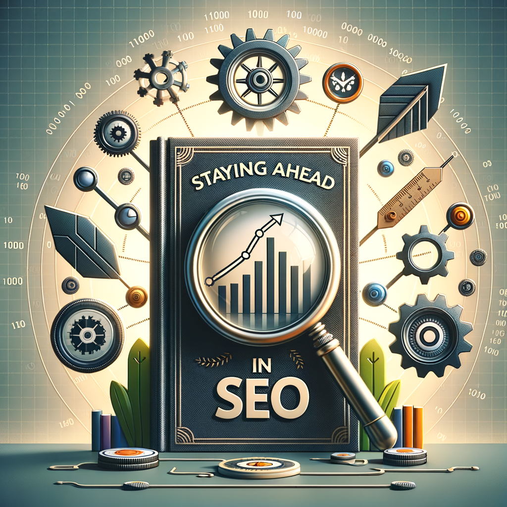 SEO Survival Guide 'Staying Ahead in SEO' surrounded by symbols representing SEO strategy, trends, and algorithm updates, illustrating survival tactics and techniques for understanding SEO updates and changes.