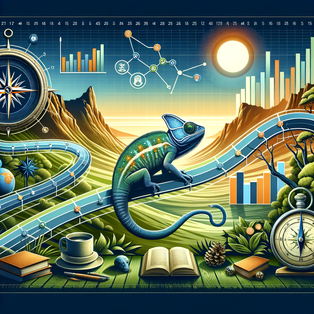 Dynamic illustration of SERPs evolution with timeline of SERP changes, compass for staying ahead in SEO, landscape of dynamic SERP, chameleon adapting to SEO landscape, bar chart of SEO strategies and trends, and refresh icon for SERPs updates.