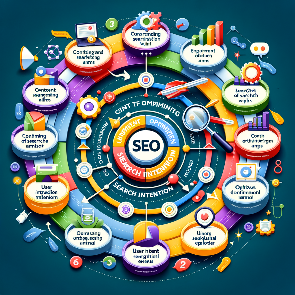 Graphic illustrating User Intent SEO, showcasing content alignment with search intent, searcher goals optimization, and user intent keyword research for effective SEO content strategy.