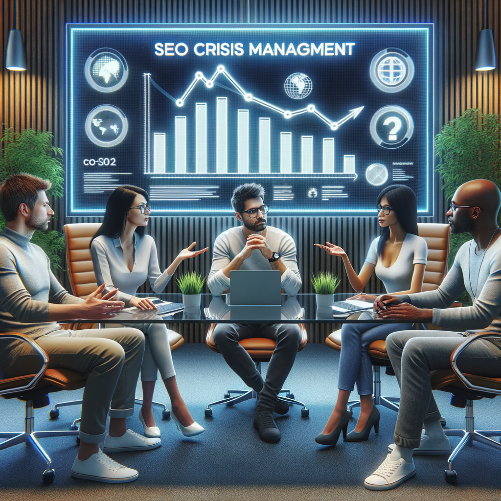 SEO crisis management team strategizing ranking drops recovery and SEO recovery strategies, illustrating bouncing back from SEO crisis and managing SEO ranking drops for improved SEO ranking.