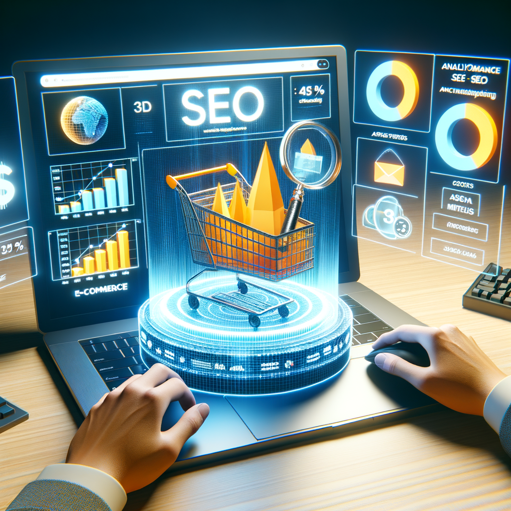 3D and AR visualizations enhancing SEO strategies in e-commerce, showcasing SEO boost and improved metrics on analytics dashboard