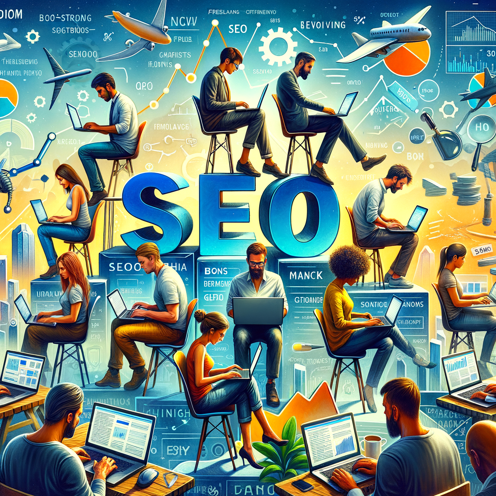 Diverse freelancers navigating SEO challenges and opportunities in the gig economy, implementing SEO strategies, exploring gig economy SEO trends, and finding SEO solutions for the freelance market.