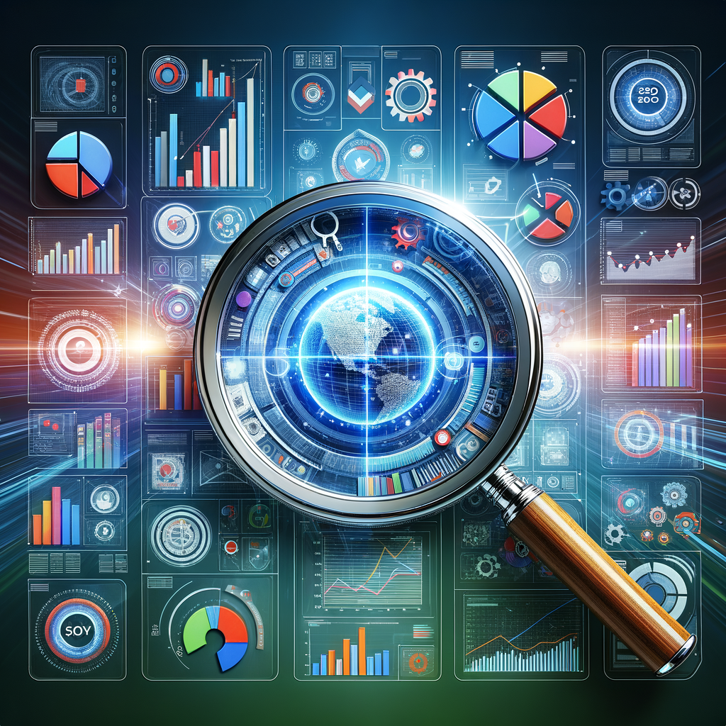 SEO competitor analysis using a magnifying glass over a digital screen displaying SEO optimization techniques and graphs for uncovering SEO opportunities, analyzing competition, and comparing tactics for improving SEO ranking.