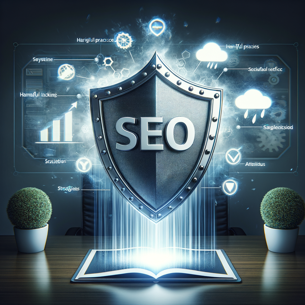 Digital shield symbolizing SEO security measures for negative SEO protection, safeguarding website icon from harmful practices, illustrating strategies to combat negative SEO