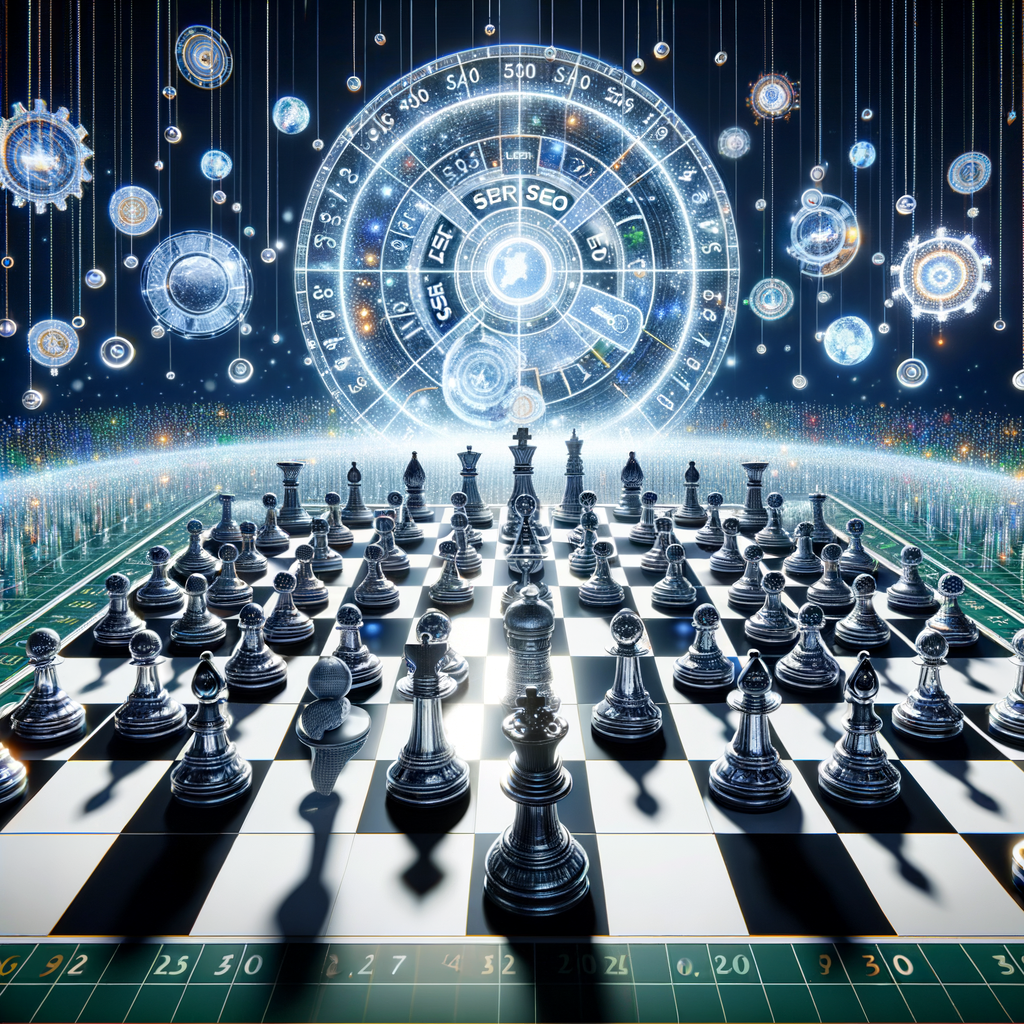 SEO strategies represented as chess pieces on a board, adapting to SERP evolution on a digital screen, illustrating the concept of staying ahead in SEO through implementing measures and updates amidst SERP changes.