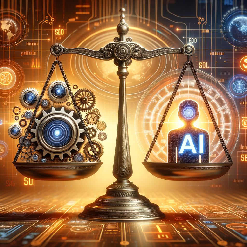 Balanced scale illustrating the equilibrium between AI-generated content, SEO automation, and authenticity in AI, demonstrating the balance between automation and authenticity in SEO and AI content.