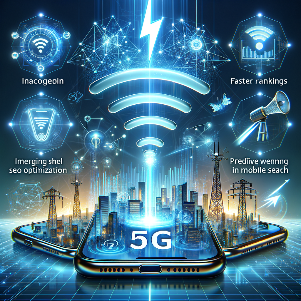 Graphic representation of 5G's transformative impact on mobile SEO strategies, highlighting improved connectivity, faster internet speeds, and potential for enhanced SEO optimization in the 5G era.