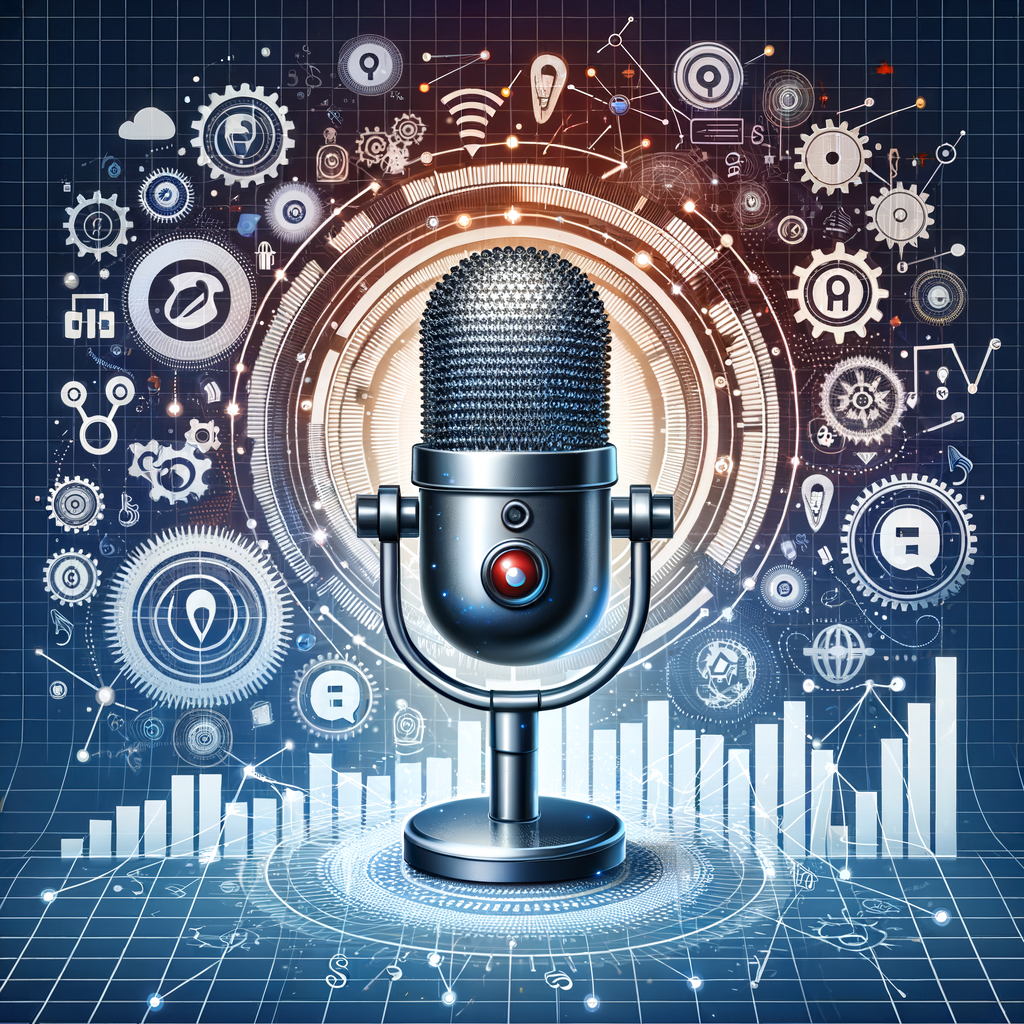 Podcast SEO symbolized by a large microphone surrounded by search engine icons, gears, and audio waves, indicating the use of SEO strategies for podcasts to harness audio content for search engine success.