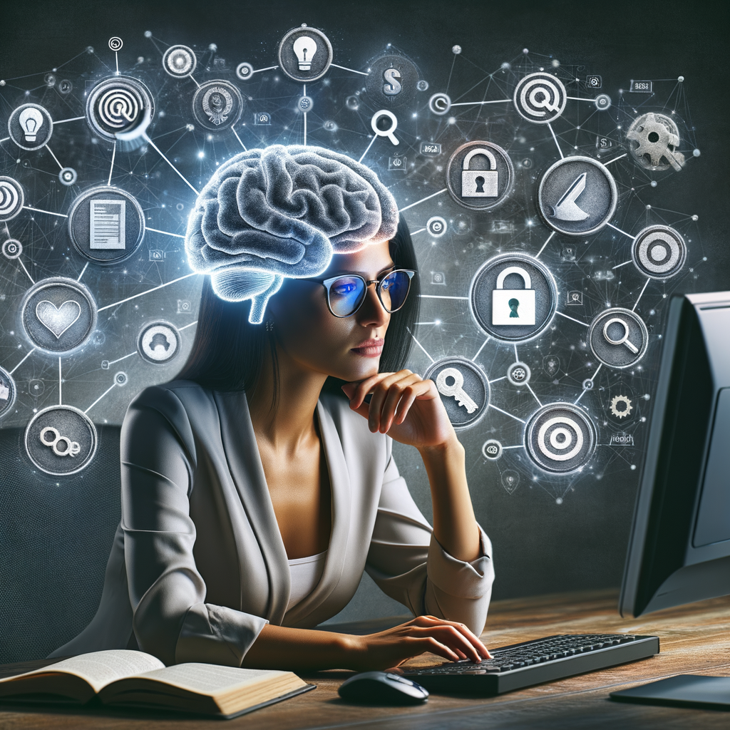 Digital marketer employing effective SEO copywriting techniques on computer, surrounded by symbols of psychological triggers in SEO, demonstrating the blend of psychology and successful SEO strategies for copywriting success.