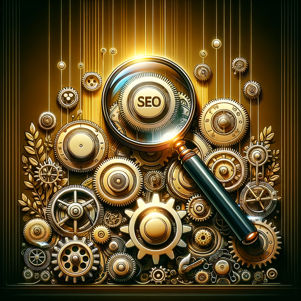 SEO strategies for brand authenticity illustrated by magnifying glass over SEO gears, keywords, backlinks, and content influencing brand authenticity symbolized by a golden badge, demonstrating the impact of SEO on brand perception and image.